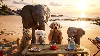 Puppy, Kitten & Father Dog Cook with Baby Elephant by the Sea | Coconut Pancakes & Sunset Waves