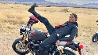 Short woman rides the Triumph Thruxton RS in the mountains!