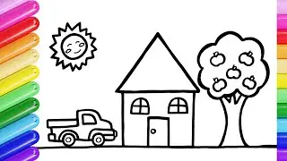 How to Draw a House, Pickup Truck & Apple Tree | Drawing, Coloring & Painting for Kids & Toddlers