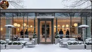 🔴 Soft Winter Jazz Music & Snowfall for Studying ⛄ Outdoor Coffee Shop Ambience with Warm Jazz Music