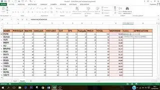 Excel : calcul de Total-Moyenne-Rang-Appréciation des résultats