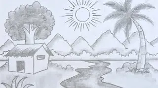 scenery drawing💗🌴how to draw scenery drawing tutorial step by step🥰Drishya drawing easy tutorial🥰💗🏠🌳