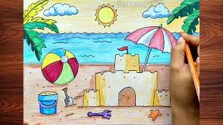 Summer Season Drawing Easy | How to Draw Summer day| Sea Beach Scenery| Types of season Drawing