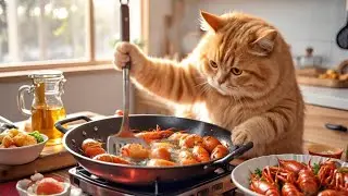 The Orange Cat Bombs Lobsters and Invites the Panda to a Delicious Feast #cat #cute #kittens #funny