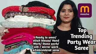 Meesho😍 saree haul  Rs-243| Meesho stitch blouse saree/ hand work saree haul |  party wear saree