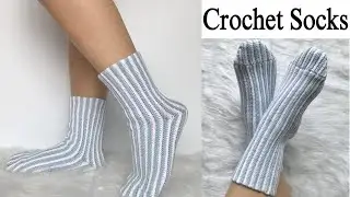 CROCHET SOCKS | How to Crochet Striped Ribbed Socks, crochet slippers tutorial