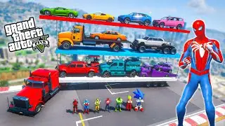 SUPERHERO CARS Challenge over Lake Rampa ! SPIDERMAN Racing Car HULK Iron Man Goku Stunts #556
