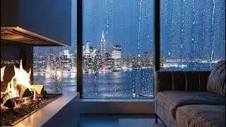 Crackling Fireplace 🔥 Rainy NYC Night Ambience | No Music, Cozy Sleep Sounds (8 Hours)