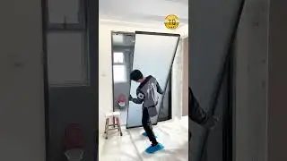 Installation of bathroom sliding door with hanging rails.