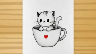 How to draw a Cute Cat in a cup - pencil sketch / pencil drawing easy ideas / cute cat and cup Art
