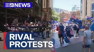 Protesters gather on the streets with counter-protesters nearby | 9 News Australia