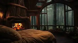 Warm Hearth in the Rainy Woods Cozy Cabin Fireplace & Forest Rain Sounds for Relaxation