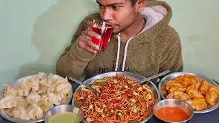 ASMR Eating street food chowmin, fried momos, steam momos, green red chatney😋