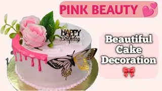 Pink Colour Cake Decoration At Home 💕 Beautiful Cake Decoration 🎂Pink & Gold Cake Decoration Ideas❤️