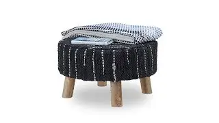Hocker schwarz mit Lederbezug handgewebt