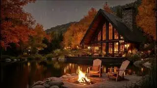 🍁 Cozy Lakeside Cabin 🍂 Fireplace & Night Ambience  Pure Nature Sounds