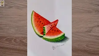 Easy watermelon slice drawing with soft oil pastel colors