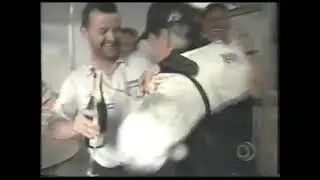 2001 F1 Brazilian GP - Minardi champagne celebration for Tarso Marques top-10 finish