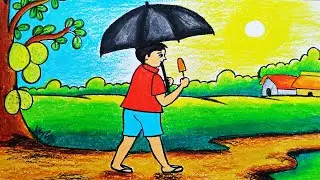How To Draw A Boy With Umbrella And Ice Cream|Summer Season Village Scenery Drawing Easy
