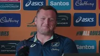WALLABIES:   prop Angus Bell and fullback Tom Wright chat ahead of the test vs Springboks in Joburg