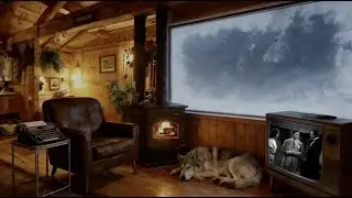 Snowstorm Window White Noise (8 Hours) | Cozy Log Cabin Stove + Sleeping Dog (No Music, No Talking)