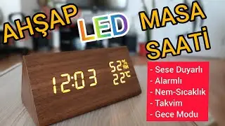 Ahşap LED Masa Saati Sese Duyarlı Alarmlı Nem ve Sıcaklık &Ouml;l&ccedil;er
