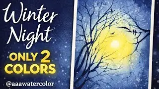 Winter Night Watercolor &mdash; Only 2 Colors | Easy Beginner Tutorial #painting #viral