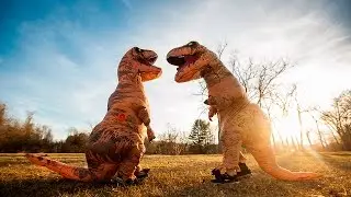 Dad and Baby T-Rex Running, Dancing and Falling! Inflatable T-Rex Costume Series