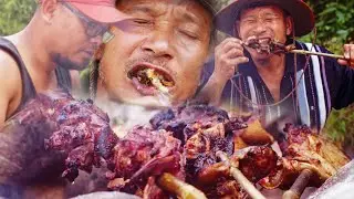 Primitive Food In The Jungle. Eating Tasty Meat.