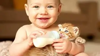 Pure Love: Baby Feeding a Tiny Baby Cat with Milk Bottle
