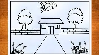 House Scenery Drawing, Ghar ka chitra, Prakritik drishya, Easy drawing video tutorial for beginners