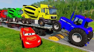 TRANSPORTING PIXAR CARS & FRUITS WITH COLORED & JOHN DEERE vs CLAAS vs TRACTORS - BeamNG.drive #983​