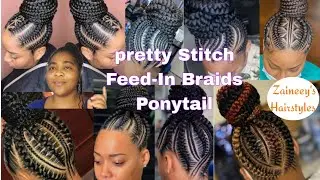 Pretty Stitch Feed-In Braids with bun on the  top | Ponytail hairstyles