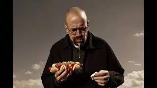 Heisenberg eating a hotdog with ketchup, mustard, relish, and cheese 1.