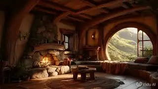 A cozy hobbit-style cabin interior with a warm stone fireplace gently glowing