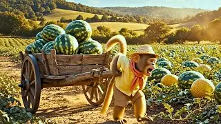 Monkey Momo Picks Watermelon to Share with Friends at the Farm | Monkey Video