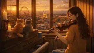 Cozy Vienna Golden Hour 🎻 Calm Violin & Piano | Cats Watching the View | Relax & Study