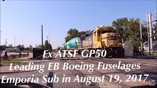 Ex ATSF GP50 Leading EB Boeing Fuselages on Emporia Sub in August 19, 2017