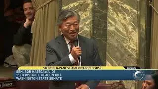 Hasegawa speaks on the Senate resolution on injustice suffered by Japanese Americans under EO 9066