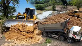 Nice Incredible Action Excellent bulldozer Shantui And Dump Truck Processing Building Land Filling