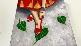 Beautiful Indian Bride Acrylic Painting/ Lady in Red Dress Painting/ Girl Sitting Acrylic Painting