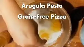Grain Free Dairy Free Pizza Crust with Sausage and Arugula Pesto