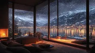 Cozy Winter Evening by a Snowy Mountain Lake ❄️ Gentle Snowfall Ambience & Fireplace Glow