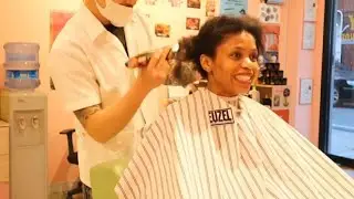 Black girl goes to a Korean Barber, Big chop chop chop