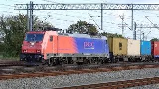 Elektrow&oacute;z Traxx E186 248-1 PCC Intermodal z kontenerami na stacji kolejowej Gdańsk Wrzeszcz