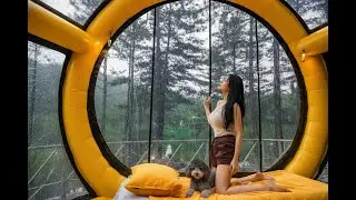 Camping in the rain inside a giant capsule-shaped hot air balloon tent ☔️
