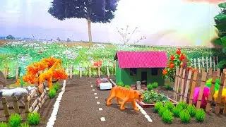 Diy farm diorama with mini house set up small colorful chicken coops, cowshed, mini farms