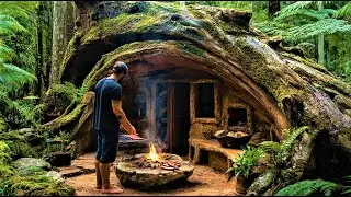 I Built a Warm Secret Shelter Inside a Giant Tree to Survive the Coldest Winter Alone