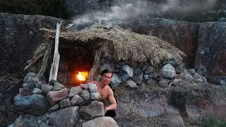 Building a Shelter with Fireplace Inside🔥3  Days Nordic Island Camping
