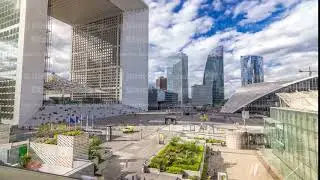 The Grande Arche and skyscrapers timelapse hyperlapse in the La Defence business district of Paris